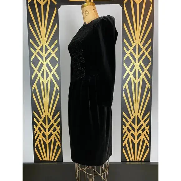 1980s black velvet embroidered Laura Ashley dress pleated puff shoulders 80s sm - Picture 7 of 10